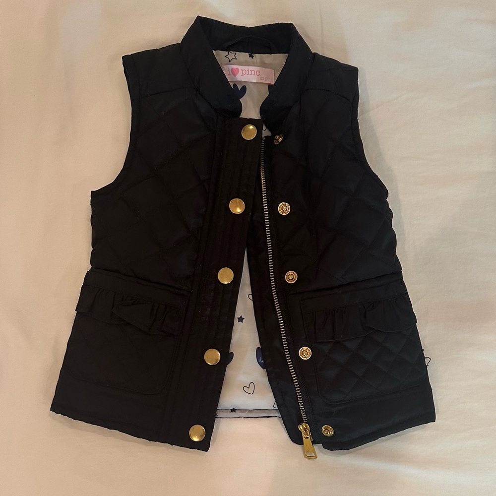 Pinc Girls Size 2 Black Quilted Vest with Gold Buttons